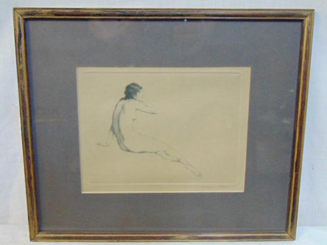 Warren Davis (American 1865-1928), Etching, Reclining: Warren Davis (American 1865-1928), Etching, Reclining Nude, Signed in Margin. Plate 6" x 8"; Framed & Glazed 12" x 14.5"