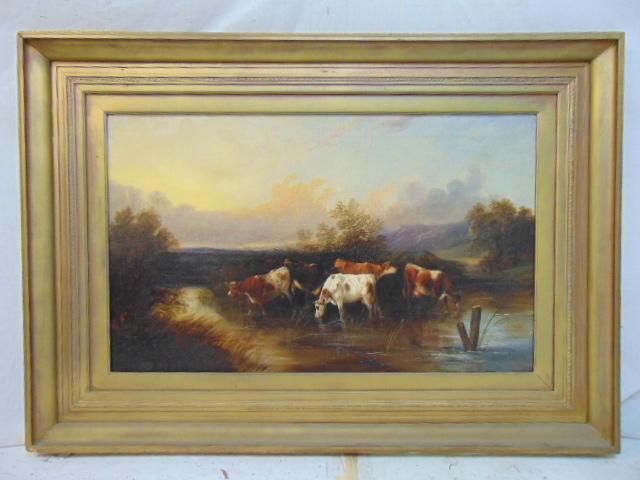 Painting, pasture with cows, unsigned, 19th Century oil (1 of 6)