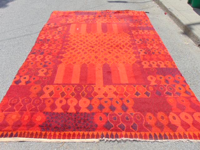 Wool mid Century carpet, in red, high pile, some wear, (1 of 7)