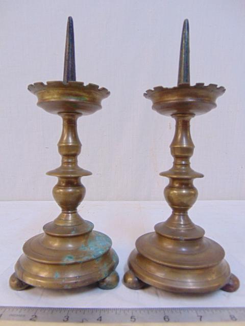 Pair 18th Century brass pricket candle holders, height (1 of 5)
