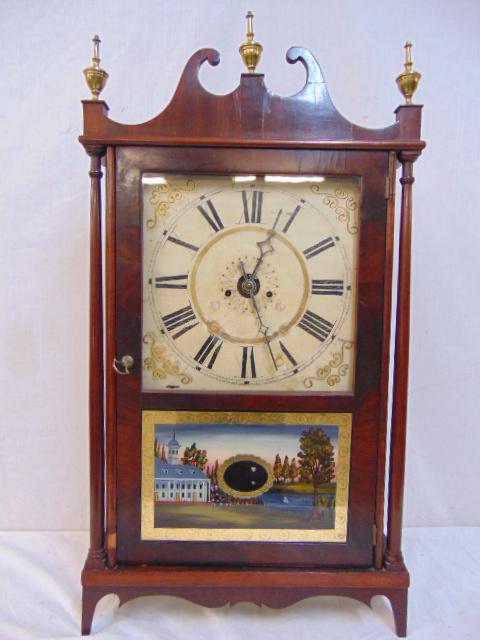 Antique Pillar & Scroll clock, eglomise panel, painted (1 of 7)