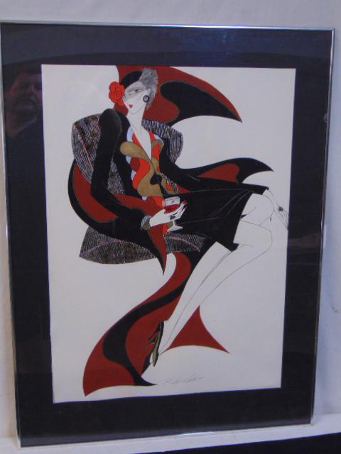 Drawing, stylized portrait, Ron Avery, lady with cape,: Drawing, stylized portrait, Ron Avery, lady with cape, holding wine glass, manner of Erte, 29.25" by 21.25"