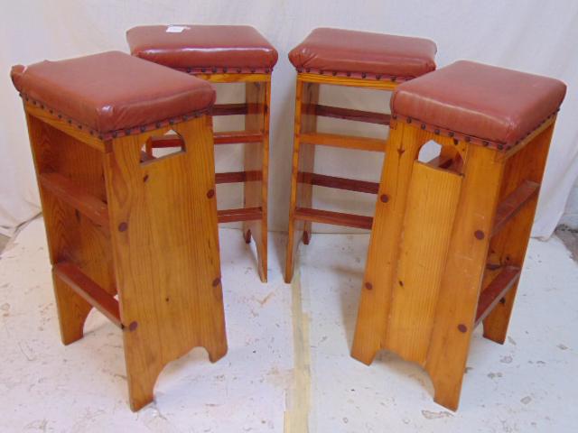 4 deco style pine bar stools, one has tear in seat (1 of 5)