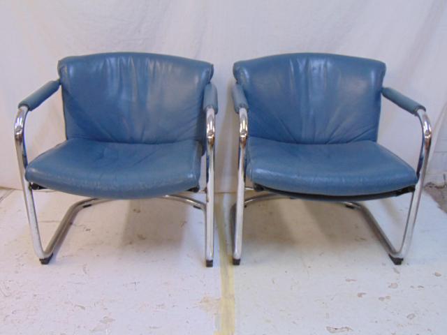 Pair deco blue leather chairs, chrome base, leather (1 of 7)