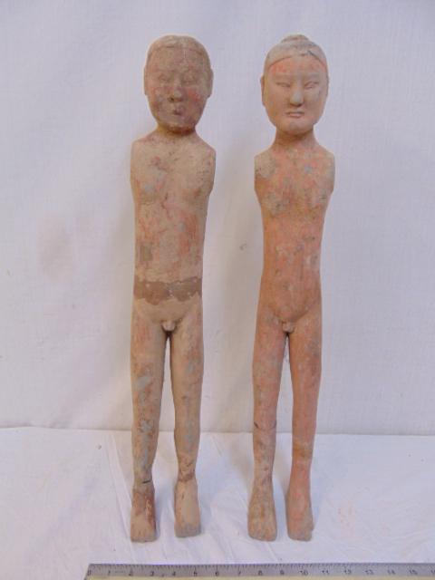 Pair ancient Chinese tomb figures, grey clay with red (1 of 10)