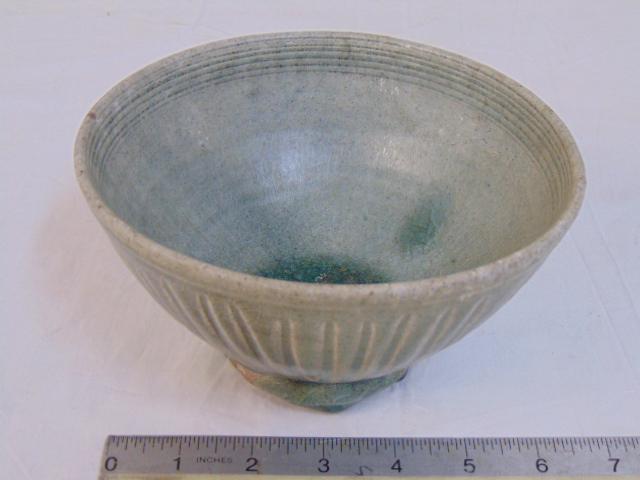Antique Chinese bowl, terracotta with green drip glaze, (1 of 7)