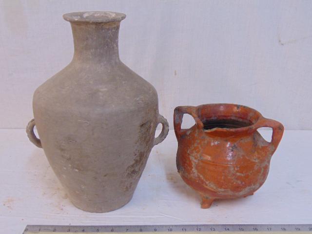 2 terra cotta vases, Asian (?), tall grey vessel with (1 of 11)