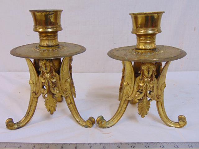 Pair gilt bronze candle holders, oversized, decorated (1 of 4)