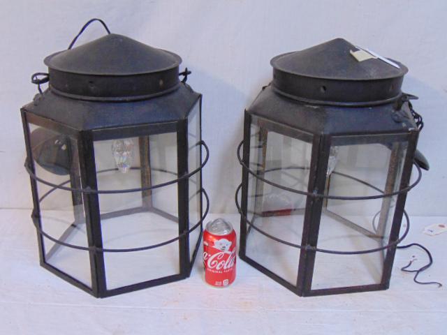 Pair earlier iron lanterns with handles, electrified, (1 of 4)