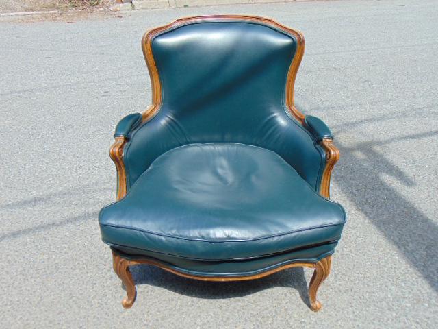 Green vinyl arm chair, carved wood frame, French style (1 of 4)