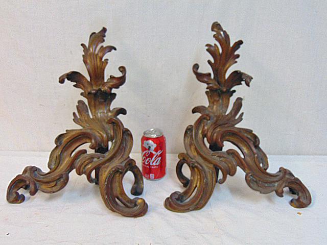 Pair bronze chenets, curved, French style, 13" wide, (1 of 4)