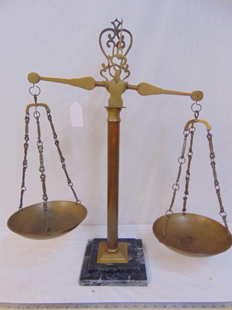 Copper & brass balance scale on black marble base, 29" (1 of 4)