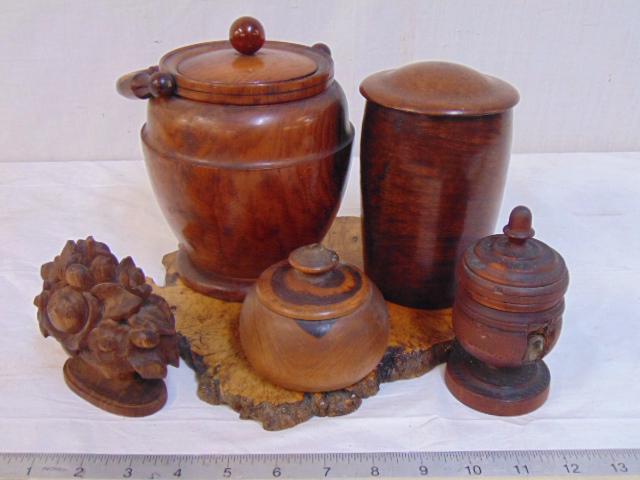 Lot (5) Treenware Including (4) Covered Containers, (1 of 6)