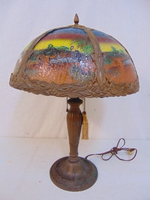 Table lamp with reverse painted shade, tennis scenes (1 of 5)