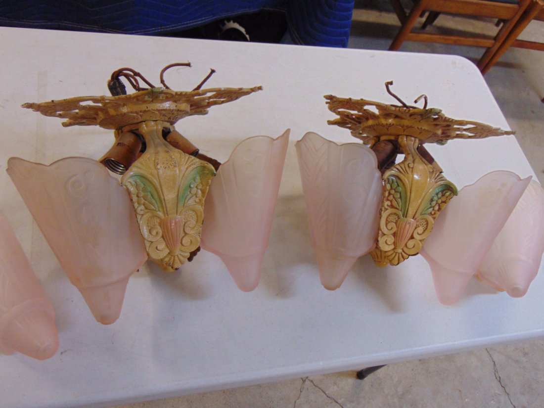 Pair art deco ceiling fixtures, pink glass shades (1 of 6)