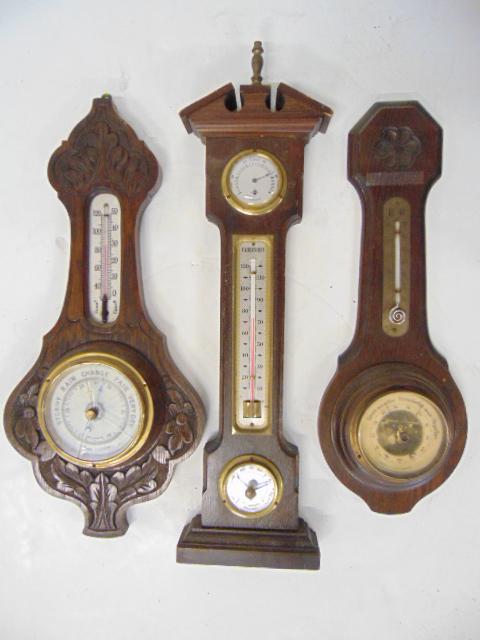 3 Wooden Aneroid Barometer and Thermometer, Carved, 1) (1 of 5)