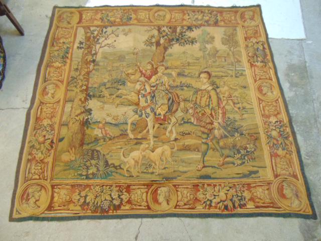Antique tapestry, landscape with figures on horseback, (1 of 9)