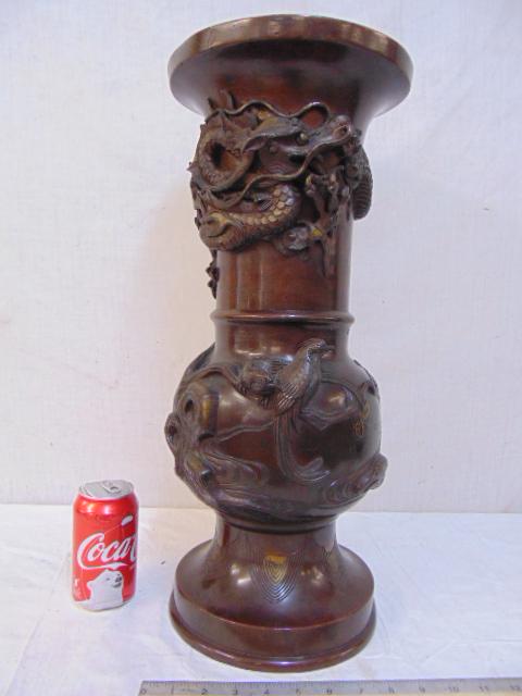 Large Japanese bronze vase with applied dragons, birds (1 of 9)