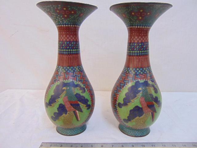 Pair cloisonne trumpet vases, decorated with birds & (1 of 6)