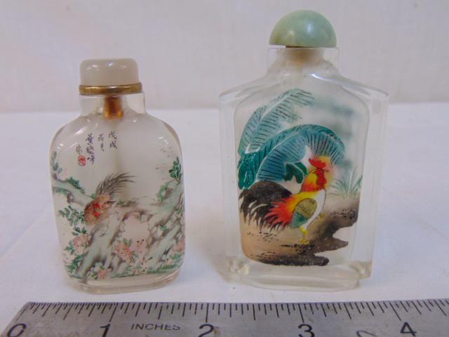 2 glass snuff bottles, decorated with fish, chickens, (1 of 6)
