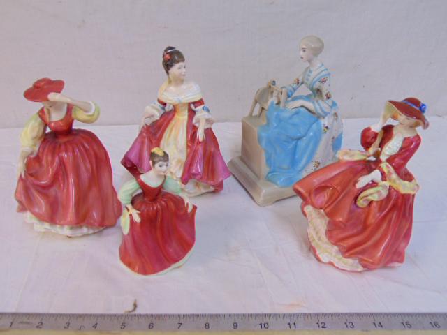 5 porcelain figures, Royal Doulton & Goldscheider,: 5 porcelain figures, Royal Doulton & Goldscheider, includes "Southern Bell", "Buttercup", "Fair Maiden" & "Top of the Hill", all by Royal Doulton, and Lady with sewing machine, copyright "The Singer M
