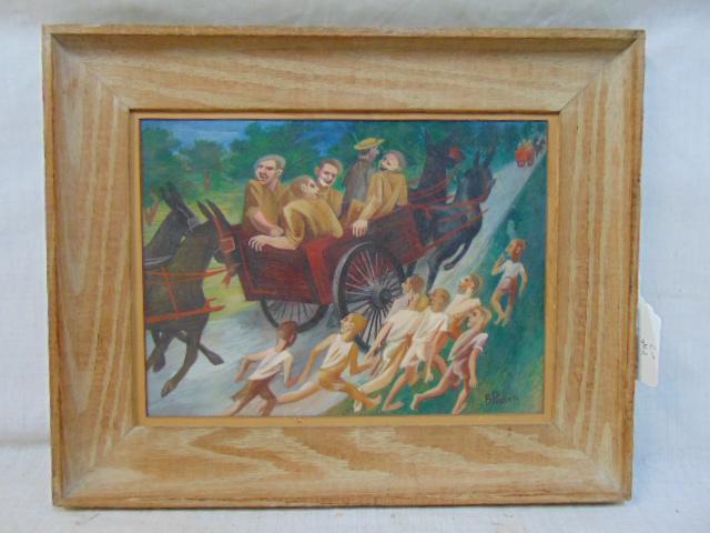 Painting, figures in cart, Bernard Perlin, tempera on (1 of 5)
