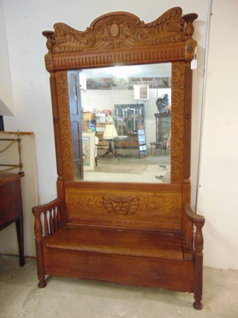 Large oak hall seat, large mirrored back in carved oak, (1 of 8)