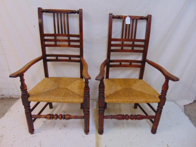 2 armchairs, rush seat, decorative backs,  rear legs on (1 of 4)