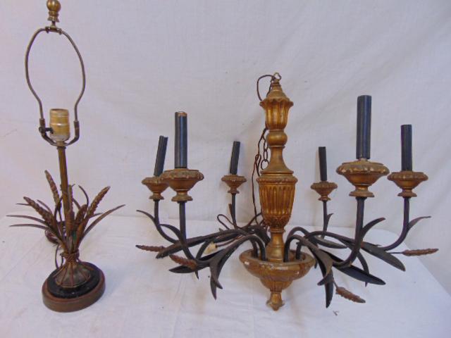 wheat table lamp & hanging fixture, carved wood & metal: wheat table lamp & hanging fixture, carved wood & metal hanging fixture, gilt wood center with 6 arms, gold painted table lamp