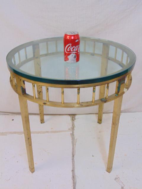 Round brass base glass top side table, top is 24" in (1 of 4)