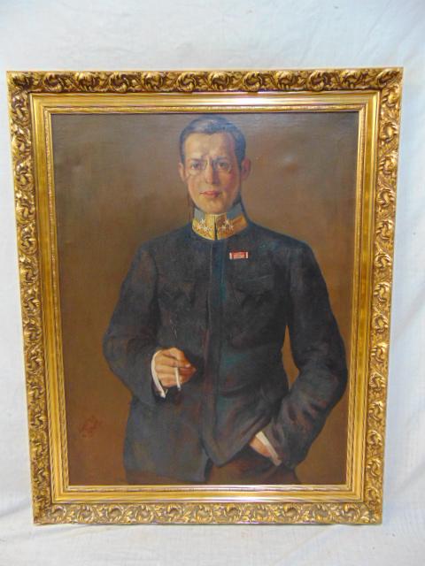 Painting, portrait officer, signed "Reforek"??? Czech: Painting, portrait officer, signed "Reforek"??? Czech school, oil on canvas, man in uniform holding a cigarette, see images for signature, canvas is 36" by 28", various ink stamps on reverse.