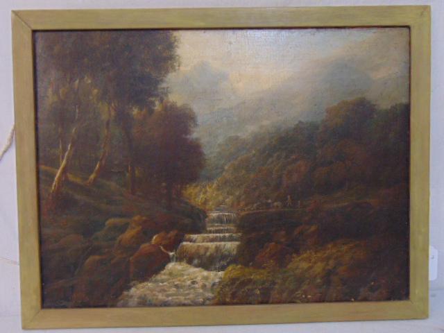 Painting, waterfall & figures with cattle, oil on (1 of 5)