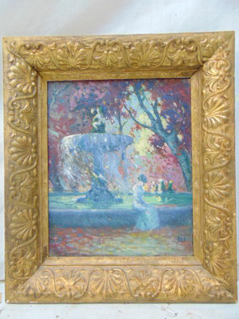 Painting, woman by fountain, oil canvas Lester Boronda: Painting, woman by fountain, monogrammed oil on canvas board, has faint writing on reverse, painting is 11.75" by 9.5"