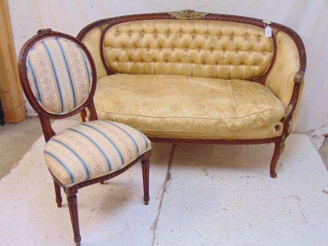 Upholstered French settee & side chair, carved frame, (1 of 7)