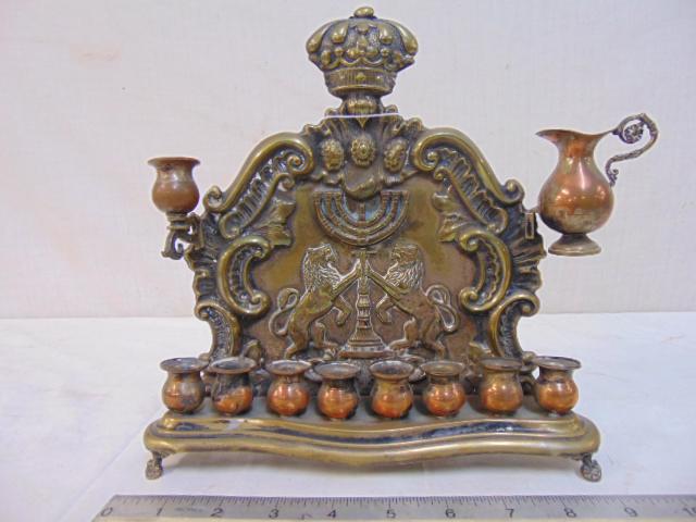 Early brass Menorah, signed B. Buch, decorated with (1 of 6)