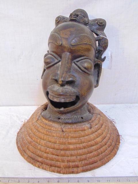 African bronze face mask with woven grass collar, 15" (1 of 4)