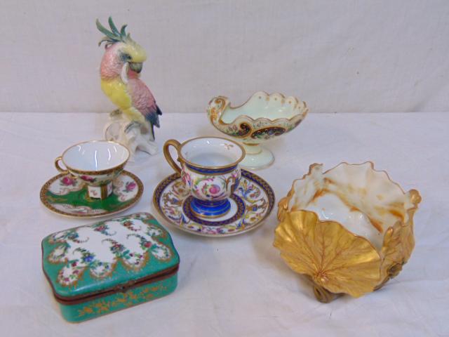 Porcelain lot, parrot, bowls, box, includes Sevres box, (1 of 9)