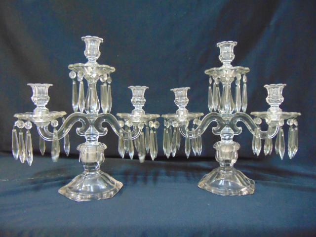 Pair Heisey type candelabra, trip arm with hanging (1 of 4)
