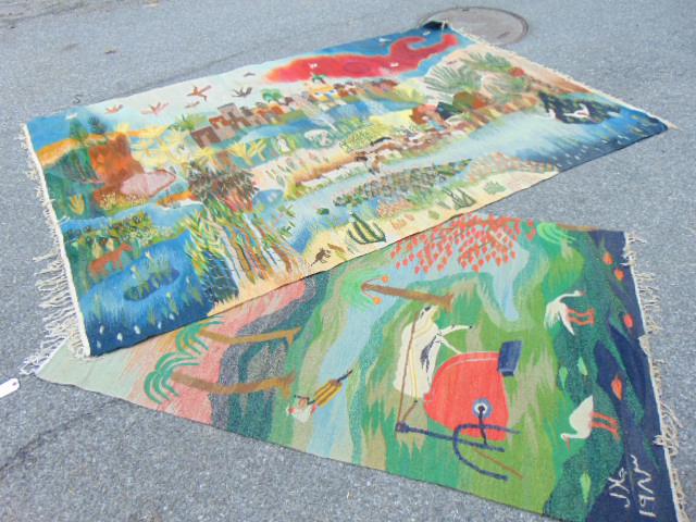 2 pictorial Peruvian rugs, figure working by river with (1 of 9)