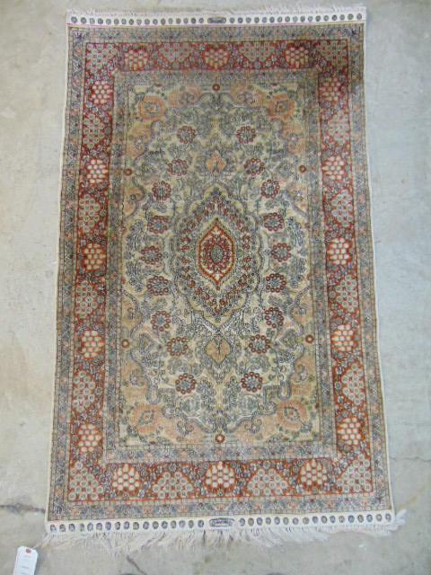 Small silk scatter rug, signed, light colors, carpet is (1 of 6)