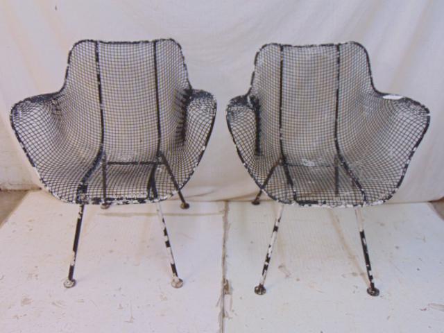 Pair Russell Woodard iron mesh arm chairs, distressed (1 of 5)