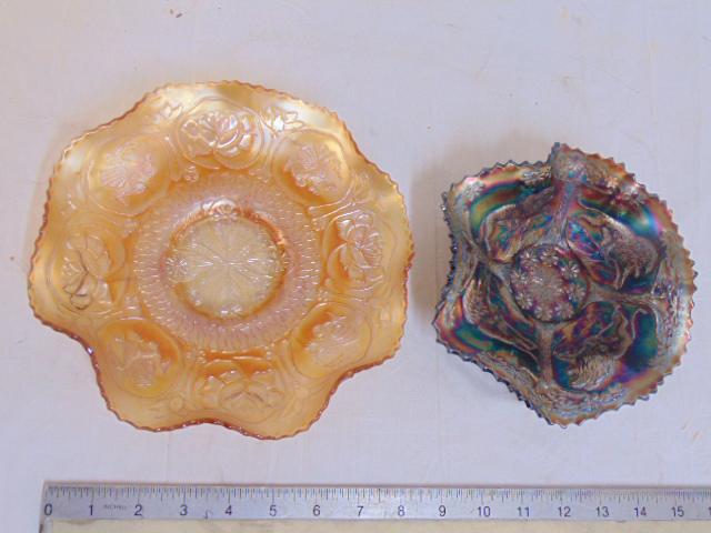 Carnival glass, 2 bowls, Dragon & Rose and Lion (1 of 5)