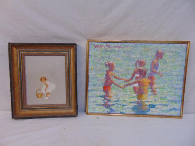 2 paintings, little girl with basket, unsigned oil on: 2 paintings, little girl with basket, unsigned oil on canvas, 10" by 8" & oil on canvas, figures in water, signed Henry Benson, 14" by 18"
