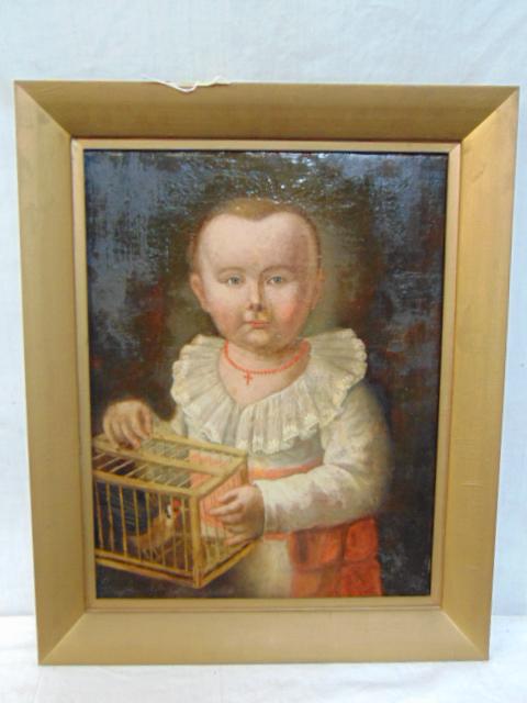 Painting, portrait child with caged bird, unsigned, (1 of 5)