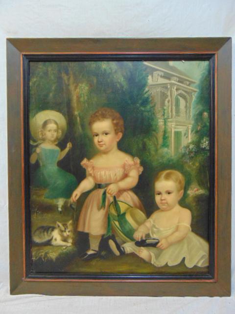 Painting, 3 children in yard, oil on paper, laid down: Painting, 3 children in yard, oil on paper, laid down on board (painted print ?? unsure), appears a9th Century, painting is 33.5" by 28"