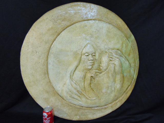 Grant Engard plaque, mother & child, composite: Grant Engard plaque, mother & child, composite reinforced with wood, diameter is 31