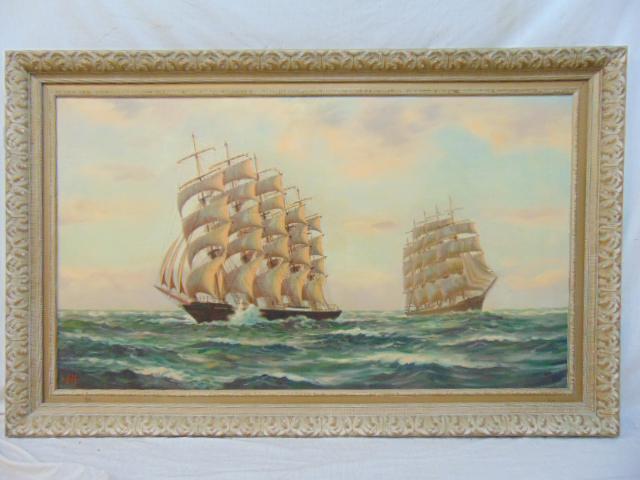 Painting, sail ships at sea, A. Nelke, oil on canvas: Painting, sail ships at sea, A. Nelke, oil on canvas showing two German sail ships, "The Preussen" & "Potosi" at sea with full sails, canvas is 30" by 52"