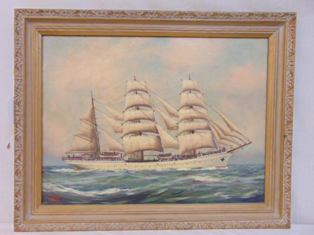 Painting, Sail ship, A. Nelke, oil on canvas, showing (1 of 6)