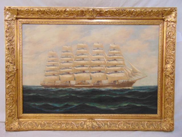 Painting, "The Preussen" at sea, A. Nelke, oil on: Painting, "The Preussen" at sea, A. Nelke, oil on canvas showing 5 masted sail ship "Preussen", a steel hulled sail ship with full sails at sea, canvas is 24" by 36"