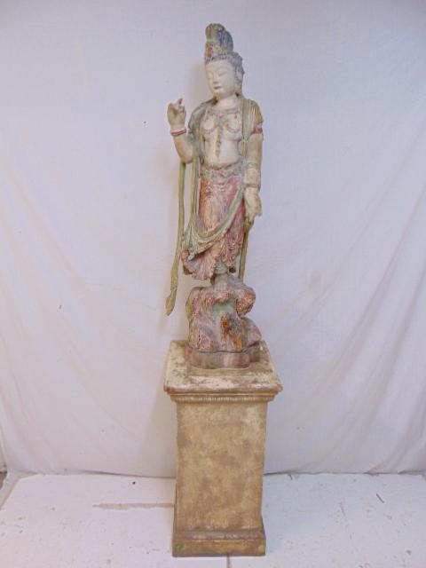Carved wood Quan Yin statue on wood pedestal, old (1 of 7)